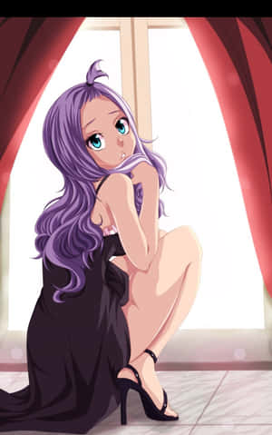 紫髮動漫女孩穿著黑色連衣裙坐在有紅色窗簾的窗邊。 — Nubia Flip2 壁紙