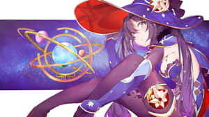 紫髮動漫女巫戴著星星帽子，在太空中發光的宇宙天體儀旁邊。 — 原神 壁紙