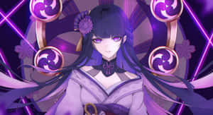紫髮紫眼的動漫少女身穿傳統服飾，被發光的紫色符號環繞。 — 原神 壁紙
