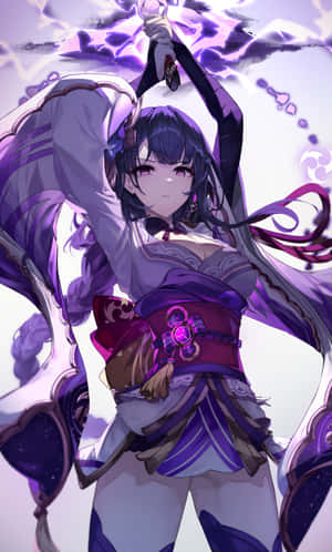 紫發動漫少女以魔法姿勢揮舞發光的劍。 — Galaxy Tab A11 壁紙