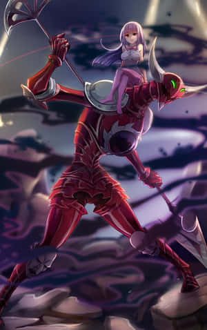 動漫少女騎著裝甲惡魔，眼睛發光，手持鐮刀，身處黑暗奇幻場景。 — Nubia Flip2 壁紙