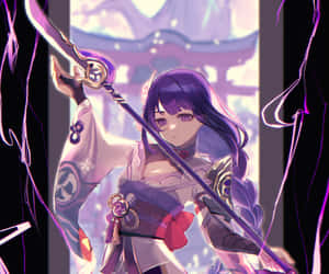 紫髮動漫戰士手持發光劍的奇幻場景 — 原神 壁紙