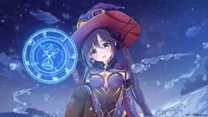 動畫女巫在星空下施展發光的藍色魔法。 — 原神 壁紙