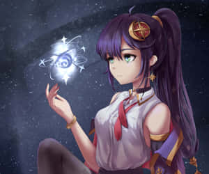 紫髮綠眼的動漫女孩在繁星點點的夜空中召喚出一個發光的宇宙符號。 — 原神 壁紙