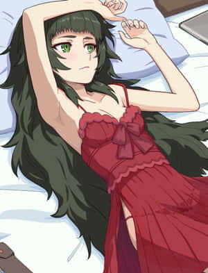 綠眼睛黑髮的動漫女孩穿著紅色連衣裙在床上伸展。 — Galaxy Z Fold 8 壁紙