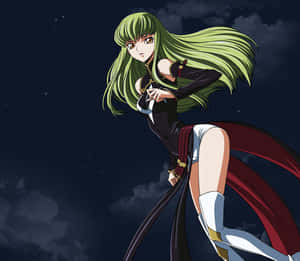 綠髮紅斗篷的動漫女孩在星空下擺姿勢。 — 深紫色美學 GIF 壁紙