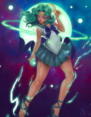 穿著水手服的動漫女孩在太空中揮舞發光的能量 — 戰士 壁紙