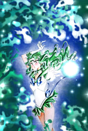 綠髮動漫女孩穿著水手服，散發著魔法能量。 — 美少女戰士 壁紙