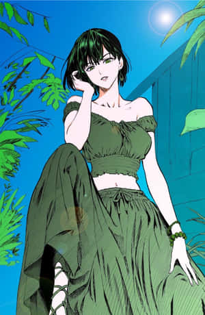 綠髮動漫女孩穿著綠色服裝，在熱帶植物間放鬆，沐浴在明媚的陽光下。 — 古勒比加 壁紙