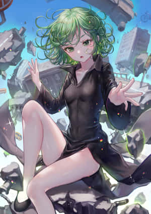 綠髮動漫女孩穿著黑色連衣裙，被漂浮的城市廢墟包圍。 — 戰士 壁紙