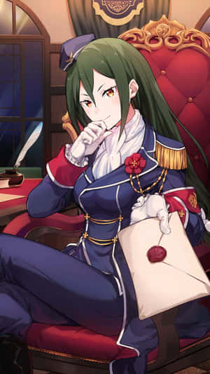 動漫少女穿著軍服，在黃昏的紅色王座上手持密封信件。 — 暮光 壁紙
