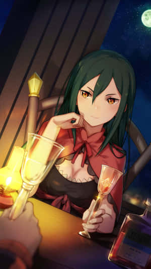 滿月下，綠髮動漫女孩在夜間桌子上拿著發光飲料。 — 天際線 壁紙