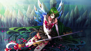 綠髮藍翼的動漫女孩在晶洞中手持法杖。 — 美少女戰士 壁紙