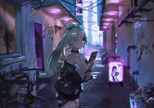 銀發動畫女孩在霓虹小巷中手持電話，周圍有塗鴉和招牌。