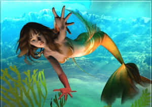 一位棕色頭髮、色彩繽紛尾巴的美人魚在水中珊瑚間游動。