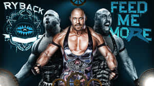 摔角手 Ryback 與惡魔形象及「Feed Me More」文字在宣傳圖像中。 — 摔角 GIF 壁紙