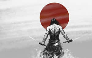 一位肌肉發達的武士戰士手持兩把劍，身後有紅日。 — 武士 壁紙