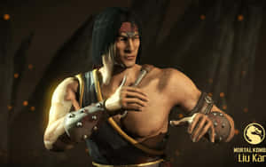 Mortal Kombat 角色劉康以戰鬥姿勢站立，周圍有發光粒子。 — 1280x800 壁紙