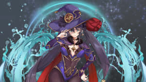 動漫女巫穿著紫色和紅色的長袍，在閃爍的弧線下施展魔法。 — 原神 壁紙