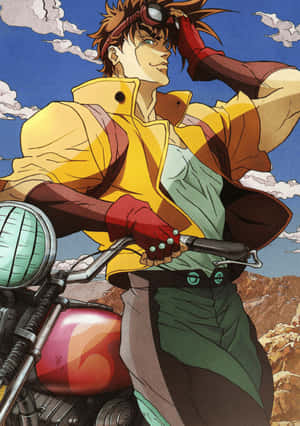 身穿黃色外套的動漫電單車手在藍天下調整護目鏡。 — iPad (A16) 壁紙