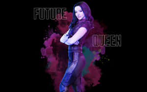 一位交叉雙臂的女性自信地站立，身後有「FUTURE QUEEN」文字和彩色煙霧。 — 迪士尼角色 壁紙