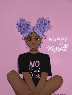 一位紫色頭髮的年輕女性盤腿而坐，身穿印有「no bad vibe」字樣的襯衫，旁邊有「happy with myself」的文字。 — 插畫 壁紙
