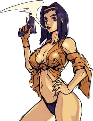 身穿棕色服裝的動漫女性，手持槍支吸煙。 — Galaxy Z Fold 8 壁紙