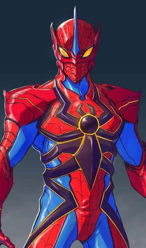 蜘蛛俠身穿紅、藍、金色裝甲戰衣英勇站立 — Galaxy Tab A 壁紙
