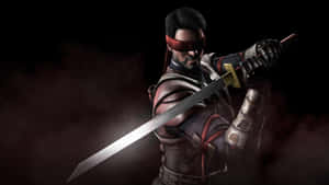 蒙眼武士在黑暗煙霧環境中手持武士刀。 — 真人快打11 壁紙
