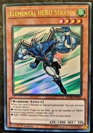 動畫卡牌 featuring Elemental HERO Stratos 以動態飛行姿勢，手持盾牌和翅膀。 — 超級英雄 壁紙