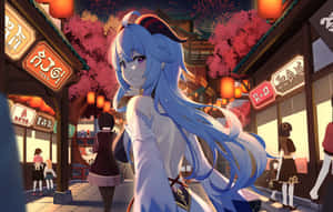 藍髮動漫女孩喺夜晚嘅節日日本街道上，帶住燈籠同煙火微笑。 — Steam Deck OLED 壁紙