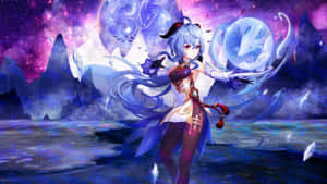 藍髮動漫女孩在宇宙山景中施展魔法。 — 原神 壁紙