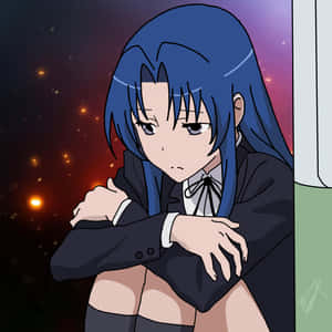 藍髮動漫女孩穿著校服，在星空宇宙背景下擁抱自己。 — 黑川伊佐那 壁紙