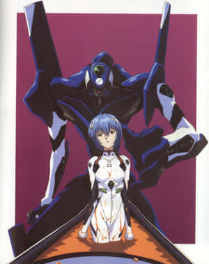 穿著插入栓服的動漫女孩跪在巨大的 Evangelion 機甲前。 — 聖經天使 壁紙