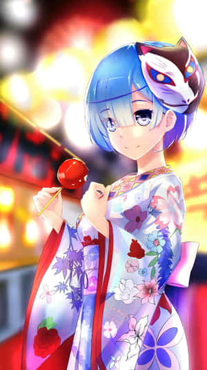 穿著花卉和服的動漫女孩在夜間節日拿著糖蘋果。 — 糖果 GIF 壁紙