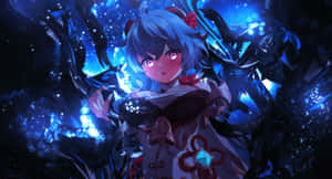 藍髮動漫少女，雙眼發光，被藍色魔法能量包圍。 — 原神 壁紙