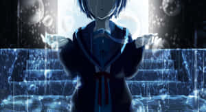 穿著校服的動漫少女站在發光樓梯上，氣泡漂浮在數碼雨中。 — 雨 壁紙