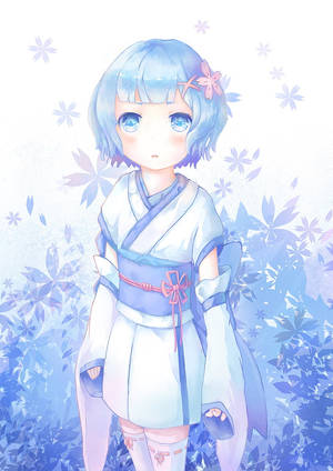 藍髮和服動漫少女被櫻花環繞。 — 花卉 iPhone 壁紙