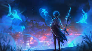動漫戰士手持發光長矛與漂浮魚群在暮色村莊場景中。 — 原神 壁紙