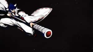 藍髮動漫戰士手持劍和盾牌在太空中飛翔。 — 斬！赤紅之瞳 GIF 壁紙