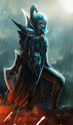 藍髮戰士身穿暗色盔甲跪在雨中，在熾熱餘燼中握著發光的斧頭。 — Galaxy Tab A11 壁紙