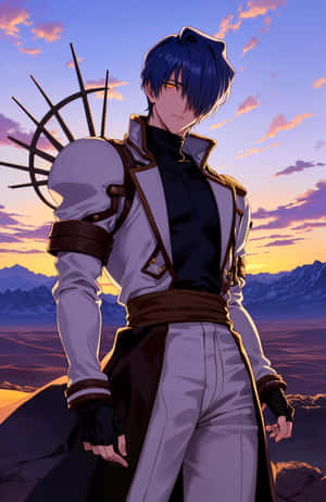 藍髮、身穿尖刺盔甲的動漫戰士，在沙漠中夕陽下站立。 — Galaxy Z Fold 8 壁紙