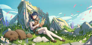 藍髮動漫女孩坐在草地上，有熟睡的豬和兔子，天空有粉紅花瓣。 — 原神 壁紙