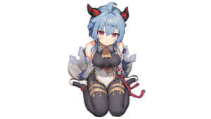 藍髮紅角的動漫女孩，穿著奇幻服裝跪著。 — 原神 壁紙