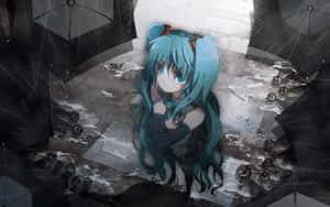 藍髮貓耳動漫女孩坐在破碎的雨傘下，身處下雨的玻璃碎片中。 — Vocaloid 壁紙