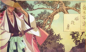 傳統裝扮的武士在夜晚的松樹下持劍。 — 火之神神樂 壁紙