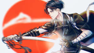 動漫武士戰士在紅色太陽前握著一把發光的劍。 — Cia標誌 壁紙