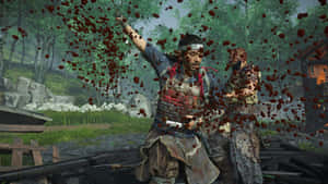 身穿戰甲的武士在森林中斬殺敵人，鮮血飛濺。 — 對馬戰鬼 GIF 壁紙