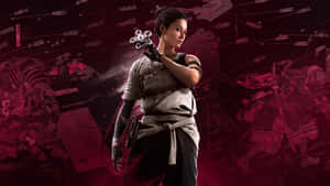 身穿戰術裝備的女戰士，在武士主題背景下手持未來武器。 — 7680x4320 壁紙