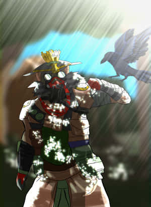 身穿未來盔甲的武士在雨中站立，一隻烏鴉在他身旁飛翔。 — Galaxy Z TriFold 壁紙